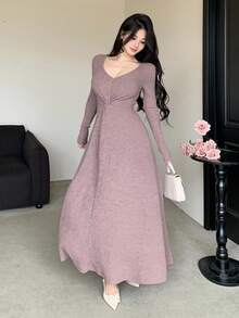 DAZY 女式优雅纯色V领扭纹中长连衣裙，秋季 - 粉色 - 查看 7