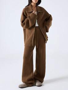 LYSMO 2025 New Arrive Minimalism Winter Women's Brown Solid Color Minimalist Long Sleeve Sweater And Pants 2-Piece Set, Casual Everyday Wear Winter Clothes For Women New Year Look And Christmas Outfit For Women Brown Sweater Stylish Clothing Collection  Thanksgiving Outfit For Women - Coffee Brown - View 4