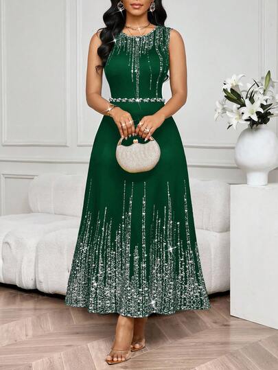 SHEIN Lady Vestido largo elegante sin mangas con cintura ceñida para mujer