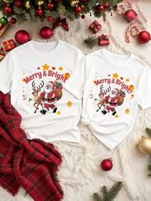 Manfinity Homme Men's White Summer Casual Family Matching T-Shirt,Christmas Joy Santa & Reindeer Print,Colorful Star Pattern,Round Neck Short Sleeve Holiday Tee - White - View 2