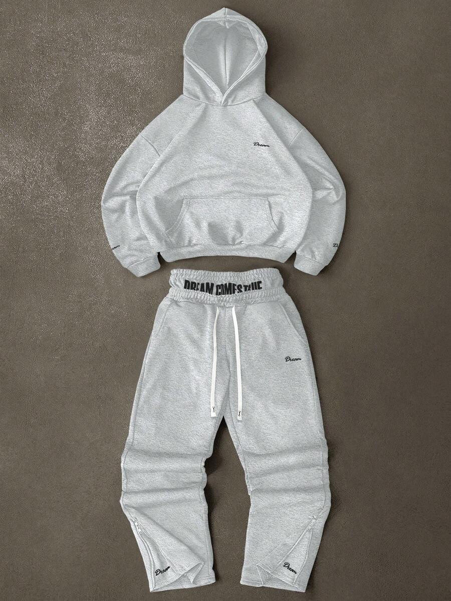 Manfinity EMRG 男士街头风格流行 INS 搭配梦想时尚英语偶像户外音乐节夜店男友丈夫礼物周年纪念礼物连帽衫和裤子套装，秋季衣服，舒适服装 - 淺灰色 - 查看 1