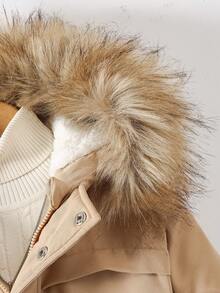 SHEIN Vacaura 男童拉链保暖连帽休闲冬季外套 - 卡其色 - 查看 4