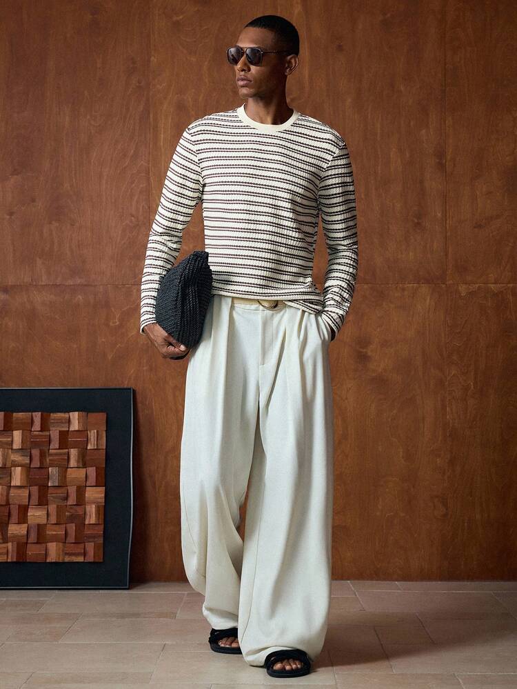 Men's Casual Striped Long Sleeve T-Shirt, Suitable For Commuting, Autumn Earthy Clothes Men Men Sweater Top Tarte Mcrae Knit Wear Men Men Striped Top Jumper For Men