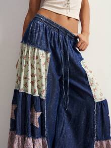 Bohemela Carnival Boho Patchwork Plaid Loose Wide Leg Casual Jeans Pants For Women, Suitable For Summer & Autumn