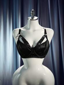 MidnightGlam Plus Size Sexy Glamorous Starry Sky Decorated Mesh Bra - Black - View 8