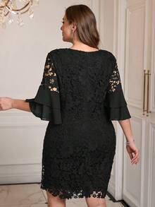 Gownix Vestido elegante de encaje de unicolor talla grande - Negro - Ver 2