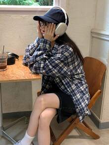DAZY 女士格子落肩长袖单排扣休闲宽松衬衫 - 藍白色 - 查看 5