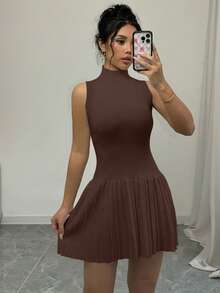 Selianne 女式秋冬纯色高领无袖褶边毛衣裙 - 巧克力棕 - 查看 5