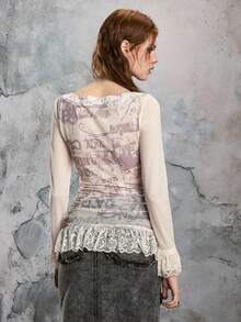 ROMWE EDITION Fairy Punk Rebellious Sheer Mesh Lace Rivet Splice Fitted Long Sleeve T-Shirt - Apricot - View 3