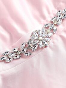 Pitira Teenage Girl Square Neck Furry Waist Rhinestone Decor Elegant Party Dress - Pink - View 2