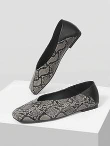 MOTF Giày bệt ballet cổ điển, giày lười mũi vuông họa tiết da rắn thanh lịch thoải mái dành cho nữ, phù hợp với mọi mùa - Xám - Xem 9