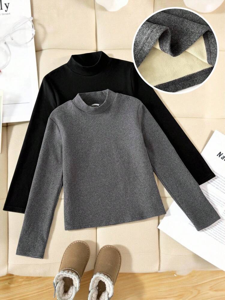 Leap Crew 2pcs/Set Young Girl Autumn/Winter Tight Fit Thick Base Layer Turtleneck T-Shirt, Suitable For Back To School, Party, Wedding, Flower Girl, Children Casual Wear, Opening Ceremony, Daily Wear, School, Travel - Black - View 1