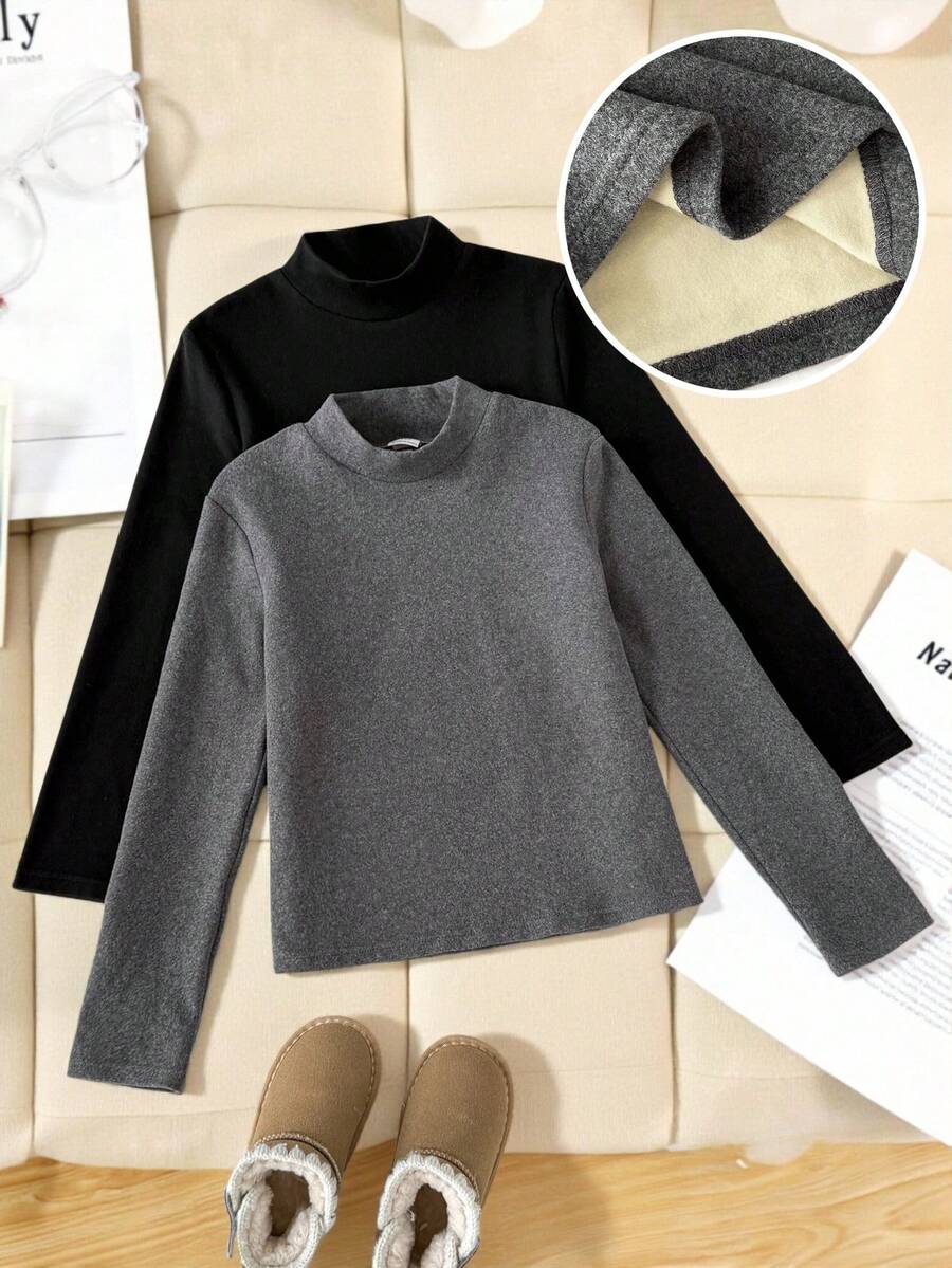 Leap Crew 2 件套年轻女孩秋冬紧身厚底高领 T 恤，适合返校、派对、婚礼、花童、儿童休闲装、开幕式、日常穿着、学校、旅行 - 黑色 - 查看 1