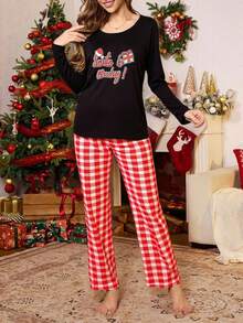 EURMUSE Women Cotton SANTA Lettered Christmas Homewear Comfort Pajama Set Home Black And White Red Plaid Autumn Kawaii - Black - View 3