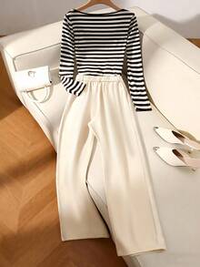 Qadelle 2pcs Women Contrast Stripe Long Sleeve Top And Solid Color Pants Set - Black and White - View 2