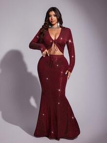 Viva Relle Große Größen sexy rotes paillettenbesetztes Crop Top und paillettenbesetzter Meerjungfrau-Rock Set für Silvester, Partykleid, Abendkleid - Bordeaux - Übersicht 5
