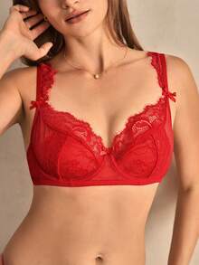 Charlaine French Lace Mesh Lace Bra, Elegant Autumn Lingerie - Red - View 1