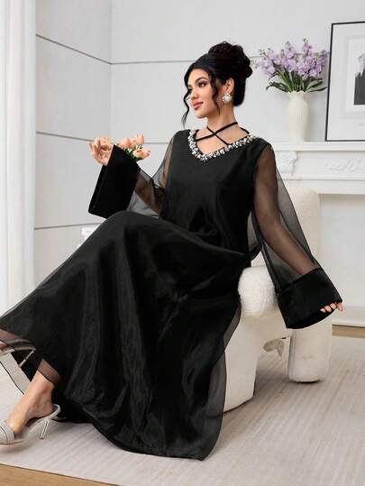 Al Najma 女士优雅水钻领网纱袖土耳其长款连衣裙，适合正式场合