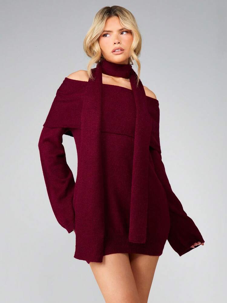 MISSGUIDED Luźna, dzianinowa sukienka z golfem i pasującym szalikiem, zimowa, jesienna mini sukienka