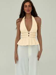 Aloruh Women's Solid Color Deep V Rivet Design Ruched Sexy Halter Top - Beige - View 5