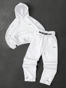 Manfinity EMRG Men's Street-Style Popular INS Matching DREAM Fashion English Icon Outdoor Music Festival Nightclub Boyfriend Husband Gift, Anniversary Gift, Hoodie & Pants Set, Fall Clothes, Cozy Outfits - White - View 3