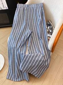 SHEIN Tall CURVE Quần ống rộng túi kẻ sọc dáng rộng cho nữ cỡ lớn - Màu xanh hải quân - Xem 2