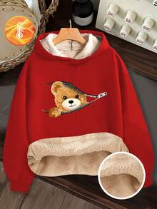 Sparklyn 1 Áo nỉ trùm đầu in hình gấu dễ thương cho bé gái, thoải mái và dễ chịu, thời trang cho mùa thu/đông - Đỏ - Xem 3