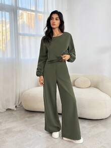 SHEIN Tall 女士简约纯色长袖上衣和裤子休闲两件套 - 軍綠色 - 查看 1