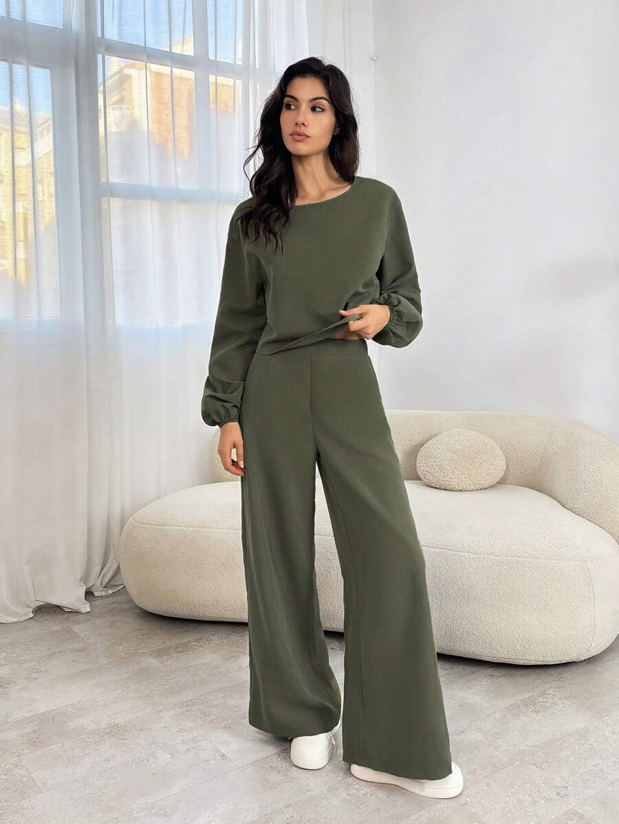 SHEIN Tall 女士简约纯色长袖上衣和裤子休闲两件套 - 軍綠色 - 查看 1