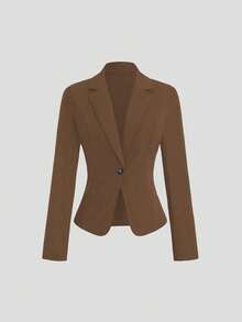 SHEIN Clasi 女士纯色正面单扣长袖休闲西装外套 - 咖啡棕 - 查看 2