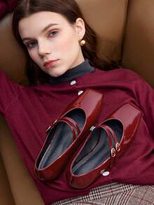 CUCCOO BIZCHIC Women's Fashionable Charming Flat Shoes, Burgundy, Patent PU Material, Square Toe, Commuting, Comfortable, Indoor, Office, Street, Party, Vacation, Suitable For Dresses, Jeans, Shorts - Burgundy - View 3