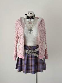 Sunspun 复古紫色高腰百褶裙，修身A字迷你裙，学生夏季裙装 - 紫色 - 查看 3