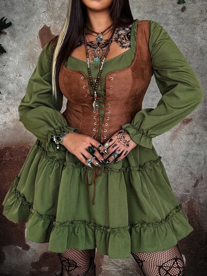 Whyspr Vestido de manga larga verde bosque vintage de talla grande para mujer