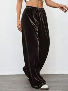 SHEIN EZwear Calça feminina vintage casual folgada de veludo com pernas largas, cor café escuro, outono/inverno - Castanho - Ver 1