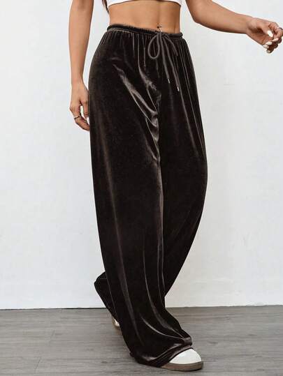 SHEIN EZwear Women's Vintage Casual Loose Fit Wide Leg Velvet Pants, Dark Coffee Color, Autumn/Winter,Fall,Fall Clothes For Women