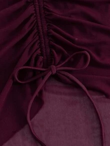 Costavie Swim Vcay 2026 女士优雅酒红色网纱挂脖深V连体泳衣，搭配透视褶皱迷你罩裙，塑形收腹泳装套装，适合夏季海滩度假穿着，休闲优雅的深V领镂空连体泳衣，饰有金属环细节，适合泳池派对假日装扮 | 酒红色性感网纱连体泳衣，女士度假必备 - 中紫紅色 - 查看 7