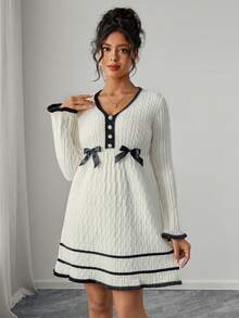 SHEIN Women's Fitted V-Neck Rhinestone Bow Contrast Color Design Elegant Date Night Long Sleeve Pullover Maternity Sweater Dress - Black and White - View 8