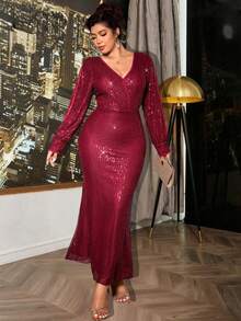 Cravure Vestido maxi ajustado de manga larga con cuello en V cruzado, bajo de cola de pez y tela con lentejuelas para mujer de talla grande, elegante para uso diario y fiestas - Rojo - Ver 5