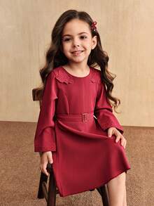 SHEIN Young Girl' Burgundy Long Sleeve Autumn/Winter Dress,Mommy And Me Matching Outfits,High-Waist Belt Midi Dress,Traditional Wedding Parent-Child Outfit - Burgundy - View 5