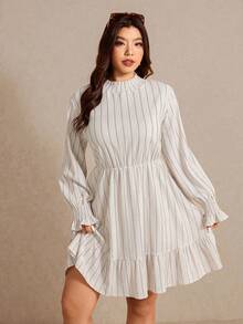 Elaquor Plus Size Casual Minimalist Ruffle Patchwork Solid Color Long Sleeve Dress - Apricot - View 3