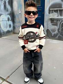 4-7岁男童休闲酷炫字母印花圆领长袖卫衣，适合外出和日常休闲穿着 - 彩色 - 查看 3