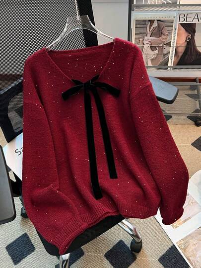 Franclia 优雅法式复古休闲日常百搭可爱浪漫蝴蝶结亮片网眼长袖度假感红色长袖女毛衣