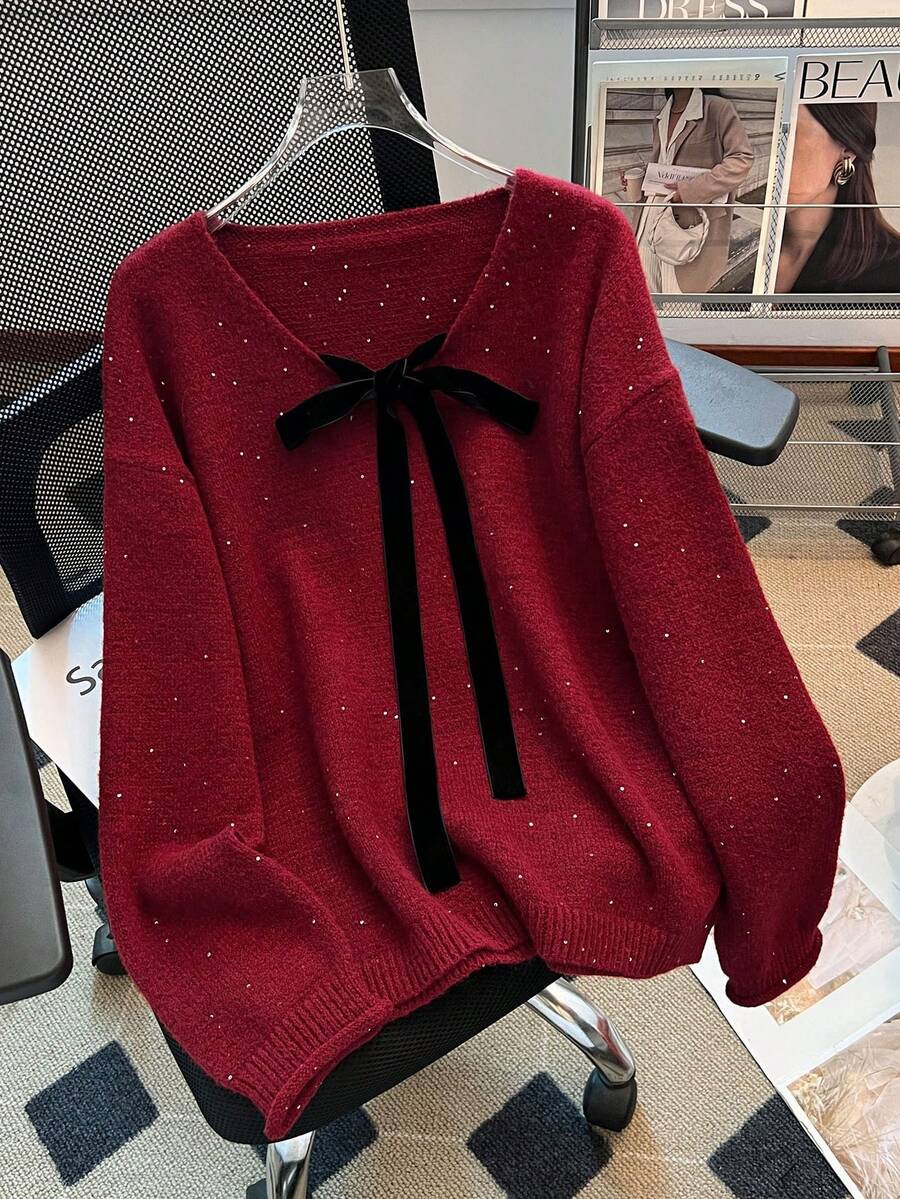 Franclia 优雅法式复古休闲日常百搭可爱浪漫蝴蝶结亮片网眼长袖度假感红色长袖女毛衣 - 酒紅色 - 查看 1