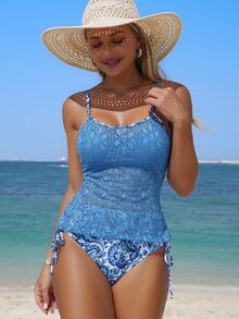 Swim Lushoire 2026新款系带复古印花蓝色时尚度假女式背心比基尼泳装 - 藍色 - 查看 4