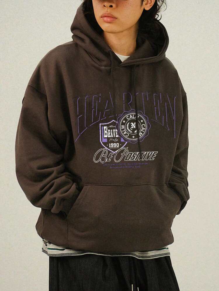 Men's Letter Print Thermal Lined Hoodie, Loose Fit, Brown, Autumn/Winter