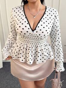 CovetEZ Áo thun nữ tay dài cổ chữ V bèo nhún in họa tiết chấm bi phong cách Pháp lãng mạn, thích hợp cho các buổi hẹn hò, mùa thu/đông - màu nâu - Xem 5