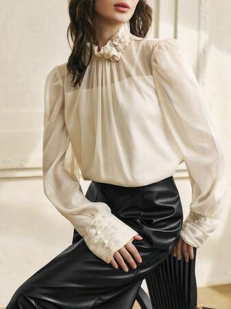 Cévolie 女士秋季新款优雅法式荷叶边领拼接3D立体花卉装饰半透明长袖衬衫