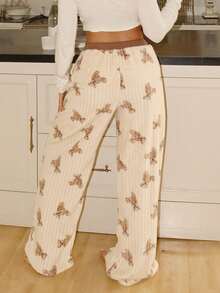 Lowkey Lull Coral Fleece Double-Sided Jacquard Striped Bear Jacquard Plush Lounge Pants, Comfortable Casual Sleepwear Bottoms For Women , Fluffy Cozy Winter - Khaki - View 2