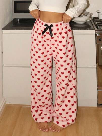 Lowkey Lull Coral Fleece Double-Sided Jacquard Heart Pattern Fleece Drawstring Elastic Waist Women Lounge Pants