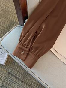 GlowEve CURVE Plus Size Women Satin Asymmetric Collar Shiny Blouse, Elegant For Party, Afternoon Tea, Commute, Apricot Long Sleeve Shirt - Brown - View 3